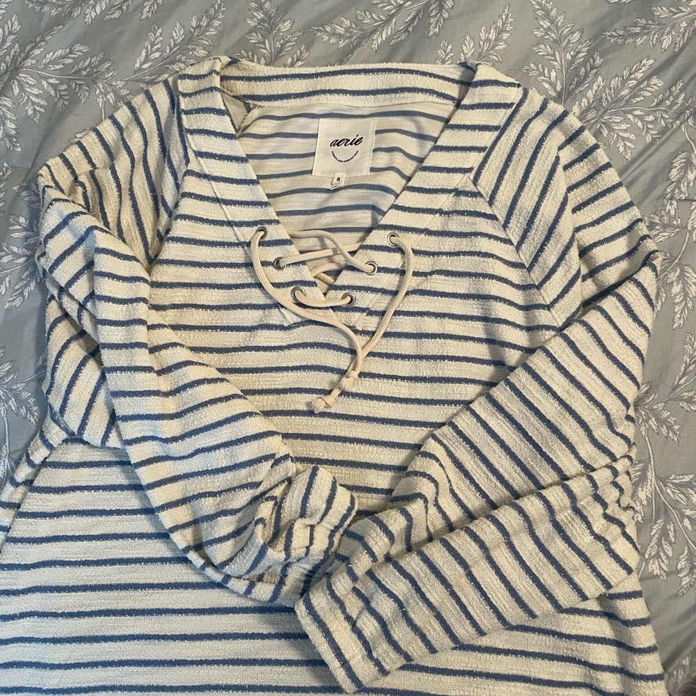 Aerie V-Neck Blue and White Striped Sweater